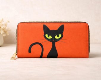 Portafoglio con cerniera arancione a forma di gatto nero, borsa in pelle PU, accessorio stravagante per gli amanti dei gatti