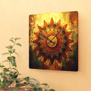 Relógio de parede quadrado Mandala Sunburst, peça de arte em acrílico dourado