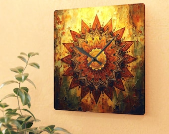 Orologio da parete quadrato Sunburst Mandala, orologio artistico in acrilico dorato