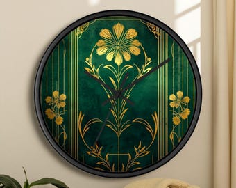 Botanical Deep Green Wall Clock, Luxury Gold Floral Home Decor, Elegant Nature-Inspired Housewarming Gift