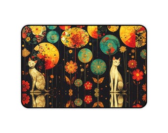 Alfombrilla de escritorio con gatos y orbes florales / Alfombrilla de ratón retro bohemia con gatos