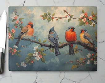 Cottagecore Birds Tempered Glass Cutting Board, Floral Kitchen Decor
