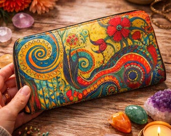 Boho Floral Zip Around Wallet, Art Nouveau Paisley Print, PU Leather Organizer