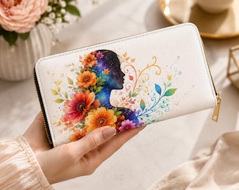 Cartera con cremallera y silueta floral – Cartera de piel sintética para mujer