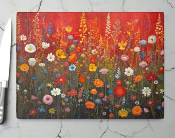 Red Meadow Floral Glass Cutting Board: Kitchen Decor