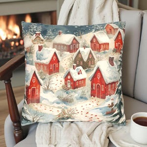 Winter Village Pillow Cover: Scandinavian Christmas Home Decor (16x16")