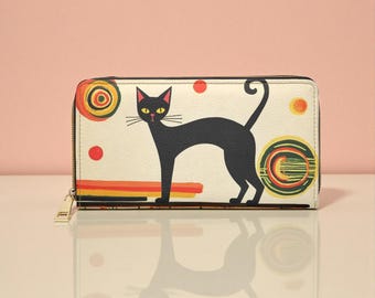 Portafoglio retrò con gatto nero / Portafoglio con cerniera in pelle PU stile moderno di metà secolo