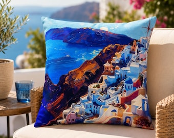 Santorini Outdoor Pillow, Mediterranean Coastal Scene, Greek Island Patio Cushion