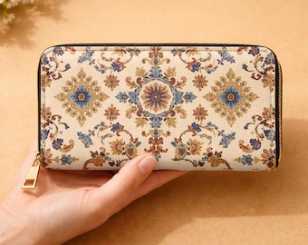 Boho Floral Medallion Wallet – Cream PU Leather Zip Around