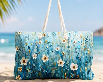 Large Blue Floral Beach Tote Bag, Summer Weekender Travel Bag