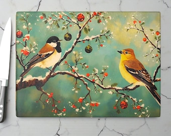 Songbirds in Snow Tempered Glass Cutting Board - Unique Kitchen Decor