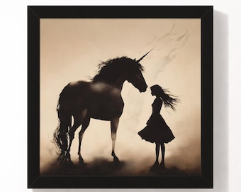 Mystical Unicorn Framed Wall Art – 16x16 Dark Fairytale Art Print, Minimalist Gothic Decor