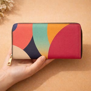 Portefeuille abstrait moderne avec fermeture à glissière - Cadeau portefeuille géométrique color block pour elle