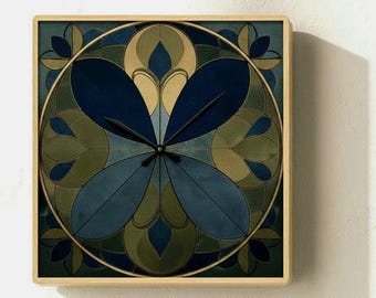 Blue Gold Floral Mandala Acrylic Wall Clock | Art Deco Inspired