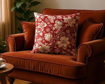 Vintage Red Floral Accent Pillow, Farmhouse Decor
