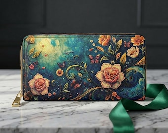 Vintage Floral Illustration Zipper Wallet | Rose Vine Pattern