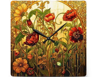 Orologio da parete in acrilico con motivo floreale in stile Art Nouveau e papavero / Decorazione botanica vintage per la casa
