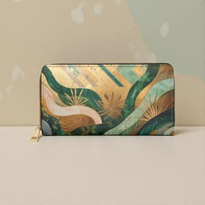 May include: A rectangular wallet with a gold zipper and pull. The wallet features a colorful abstract design with gold, green, and brown tones. The design includes stylized plant and leaf shapes.