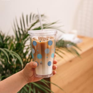 Clear Acrylic Insulated Tumbler with Blue and Sand Brown Circles | 16 oz Reusable Cup with Straw and Lid | Double Wall Summer Cold Drink Cup