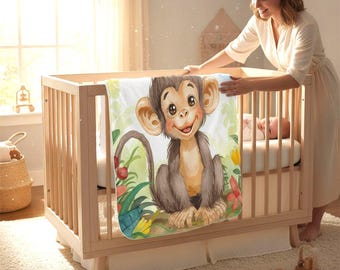 Monkey Design Sherpa Fleece Blanket, Nursery Decor, Soft Throw