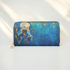 Cartera con cremallera floral / Arte botánico de iris azul, detalles dorados, regalo elegante para ella