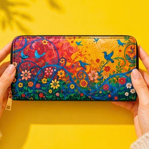 Könnte beinhalten: Eine farbenfrohe Geldbörse mit Reißverschluss und einem lebendigen Blumen- und Vogeldesign. Die Geldbörse zeigt ein Farbspektrum, darunter Rot, Gelb, Blau und Grün, mit detaillierten Illustrationen von Blumen und Vögeln. Die Geldbörse wird vor einem gelben Hintergrund gehalten.