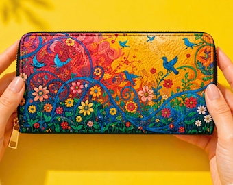 Boho Floral Zip Wallet, Womens PU Leather, Colorful Birds and Flowers Design