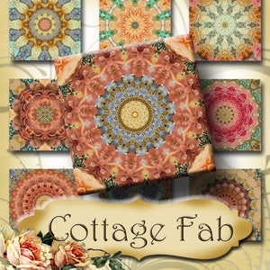 May include: A collection of square digital art prints featuring intricate mandala designs in shades of orange, pink, blue, and yellow. The prints have a vintage, floral aesthetic, with the text "Cottage Fab" in a decorative banner.