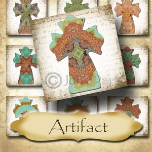 May include: A collage of ornate cross designs in shades of teal, orange, and brown. Each cross features intricate patterns and is set against a backdrop of aged paper with handwritten text. The word "Artifact" is displayed in a banner.