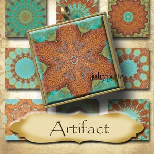 May include: A square pendant with a colorful mandala design in shades of orange, brown, and turquoise. The pendant is framed in a gold-toned metal bezel and has a loop at the top for hanging. The word "Artifact" is written in a decorative font on a beige background.