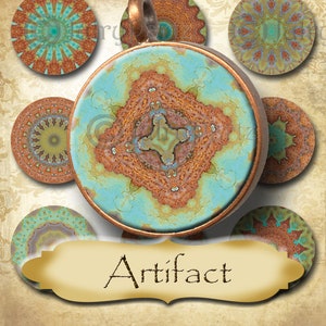 May include: A copper pendant with a turquoise and brown mandala design. The pendant is surrounded by eight smaller round pendants with similar designs. The word "Artifact" is written on a banner below the pendant.