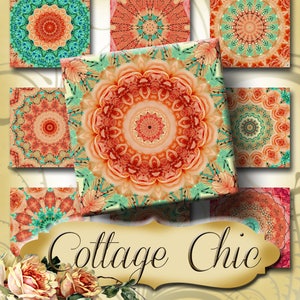 May include: A collection of square art prints featuring floral mandala designs in shades of coral, peach, and teal. The prints are arranged in a collage, with the words "Cottage Chic" in a decorative banner at the bottom.