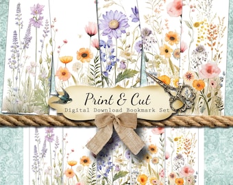 Peut inclure: Ensemble de marque-pages numériques à télécharger avec des fleurs sauvages à l'aquarelle. Les marque-pages ont un fond blanc avec des illustrations florales colorées. Le texte "Print & Cut Digital Download Bookmark Set" est visible. Une paire de ciseaux et un nœud sont également inclus.