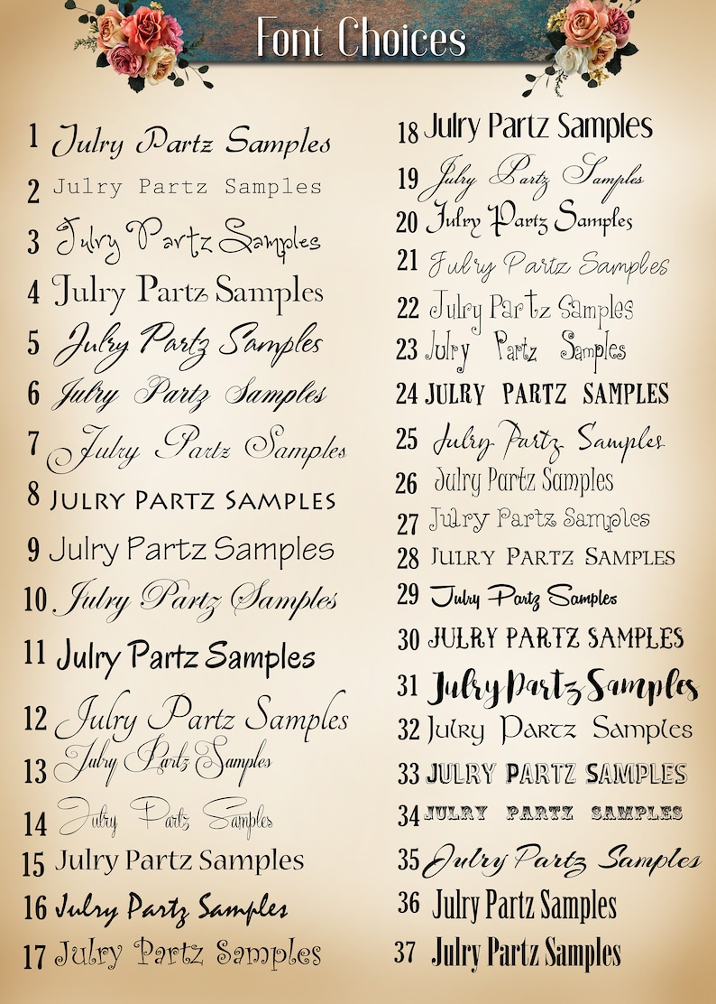 Puede incluir: Una lista de 37 estilos de fuente diferentes para la frase "Julry Partz Samples". Los estilos de fuente van desde cursiva hasta negrita y en bloque.
