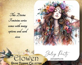Peut inclure: Une illustration à l'aquarelle d'une femme aux longs cheveux bruns portant une couronne de fleurs et des bijoux. La femme est entourée de fleurs et a une expression sereine. Le texte "Clowen Divine Feminine Collection" et "Julry Party julrypartz.com" est en bas de l'image.