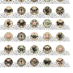 May include: A collection of round, vintage-style images featuring butterflies, cherubs, and floral designs. The images are in shades of brown, beige, and pink, with a decorative border. The overall theme is antique and romantic.