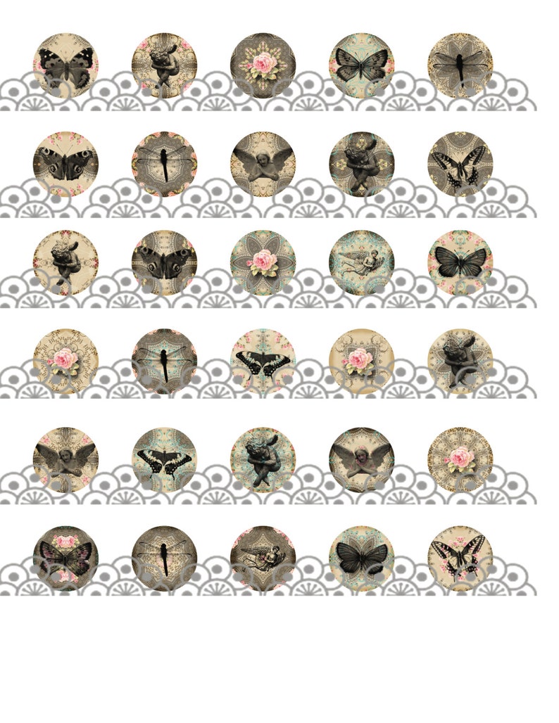 May include: A collection of round, vintage-style images featuring butterflies, cherubs, and floral designs. The images are in shades of brown, beige, and pink, with a decorative border. The overall theme is antique and romantic.