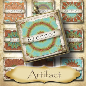 May include: A set of nine square tiles with intricate mandala designs in shades of blue, green, orange, and brown. Each tile features a different word, including "Blessed", "Warrior", "Boss", "Fearless", "Rave", "Artifact", and "Beautiful".