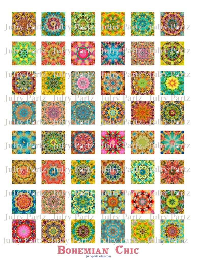 May include: A digital collage sheet featuring 36 colourful mandala designs in a variety of colours, including yellow, green, blue, red, and pink. The designs are intricate and detailed, and they would be perfect for use in scrapbooking, card making, or other craft projects. The text "BOHEMIAN CHIC" is at the bottom of the image.