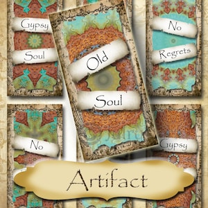 May include: Four vintage-style cards with a teal, brown, and gold mandala design. The cards have text that reads "Gypsy Soul", "Old Soul", "No Regrets", and "Gypsy". The cards are labeled "Artifact".