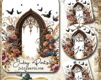 May include: A collection of white tags and labels with a gothic arch design, flowers, bats, and the words "Thank You!" and "Scary Glam". The main label has the text "Julry Partz" and "julrypartz.com". The color palette includes orange, blue, and purple.