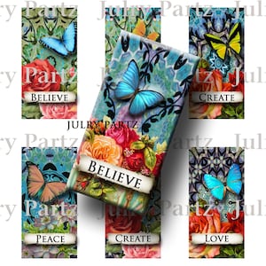 Puede incluir: Seis marcadores digitales imprimibles coloridos con diseños de mariposas y flores. Los marcadores presentan las palabras "Creer", "Crear", "Paz" y "Amor".