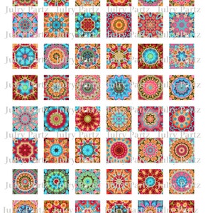 K&ouml;nnte beinhalten: Ein Set mit 36 bunten digitalen Papierquadraten mit komplizierten Mandala-Designs. Jedes Quadrat zeigt ein einzigartiges Muster mit leuchtenden Farben wie Rot, Orange, Gelb, Blau, Gr&uuml;n und Pink.