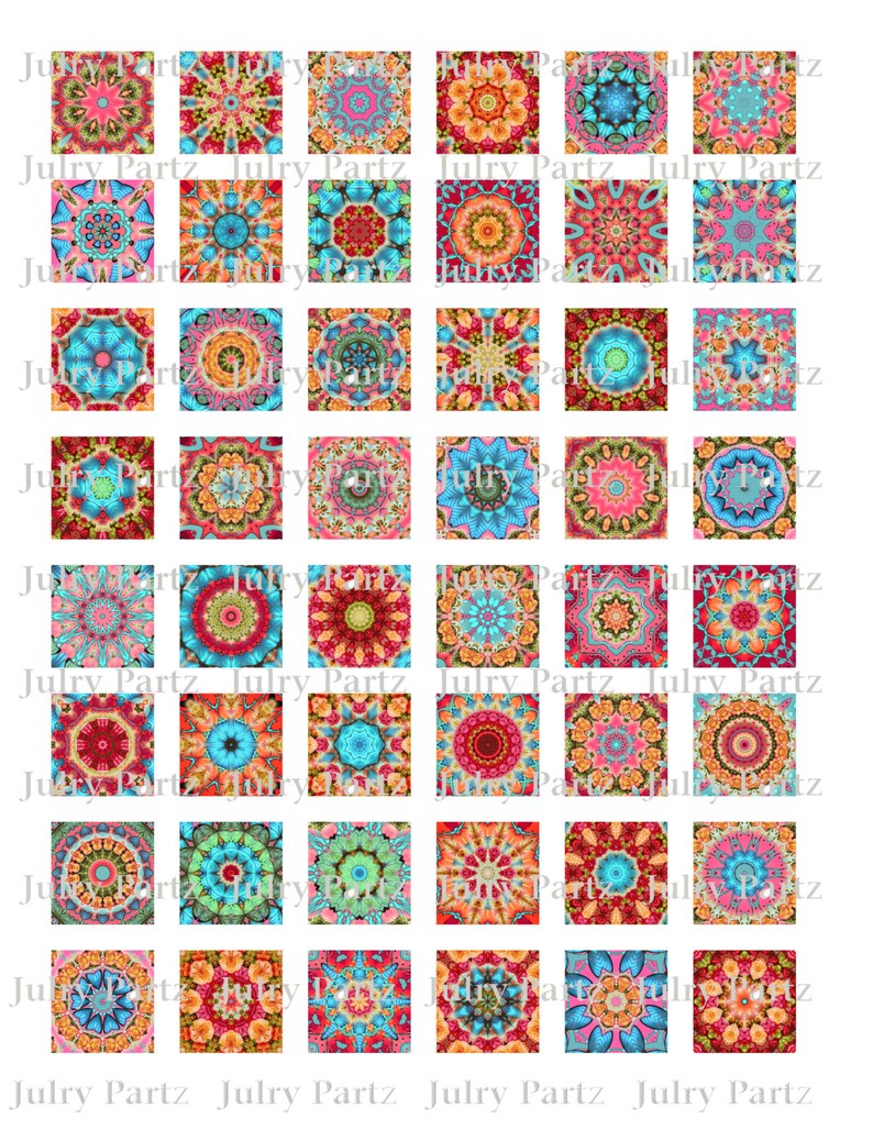 K&ouml;nnte beinhalten: Ein Set mit 36 bunten digitalen Papierquadraten mit komplizierten Mandala-Designs. Jedes Quadrat zeigt ein einzigartiges Muster mit leuchtenden Farben wie Rot, Orange, Gelb, Blau, Gr&uuml;n und Pink.