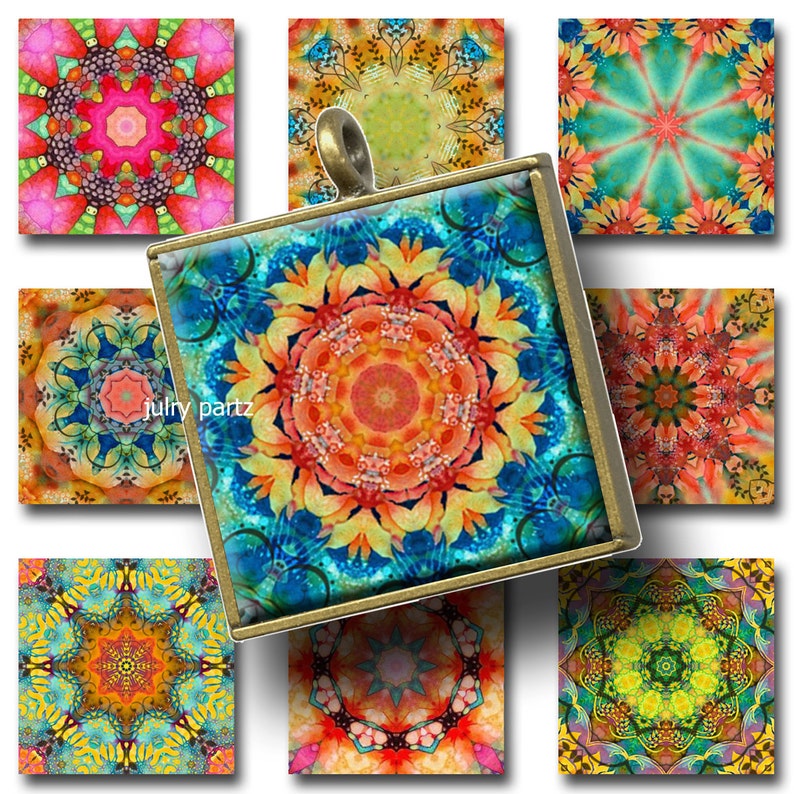 May include: A set of nine colourful mandala designs, each with a unique pattern and colour scheme. The mandalas are arranged in a grid pattern, with a larger mandala in the centre. The mandalas are perfect for adding a touch of bohemian style to any home decor project.