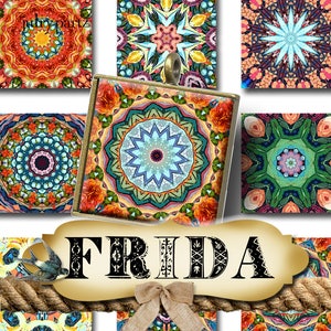May include: A collage of colorful mandala designs with a central square image of a mandala with a blue and green color scheme. The word "FRIDA" is written in a decorative font on a tan background.
