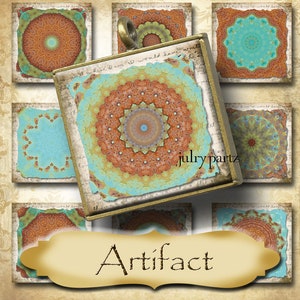 May include: Nine square tiles with intricate mandala designs in shades of blue, green, orange, and brown. The tiles are framed in gold and have a distressed, vintage look. The text "Artifact" is written in a decorative font on a yellow banner.