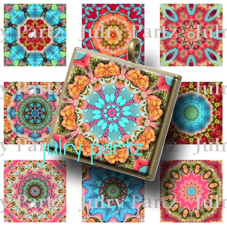 K&ouml;nnte beinhalten: Ein quadratischer Anh&auml;nger mit einem farbenfrohen Mandala-Design in Blau-, Rosa-, Orange- und Gelbt&ouml;nen. Der Anh&auml;nger ist in einer goldfarbenen Metallfassung gefasst.
