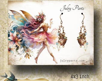 Peut inclure: Une carte d'oreille de 4x3 pouces avec une illustration aquarelle d'une fée aux ailes roses et bleues, entourée de fleurs. La carte présente également une paire de boucles d'oreilles en forme de cœur dorées avec des perles et des breloques.