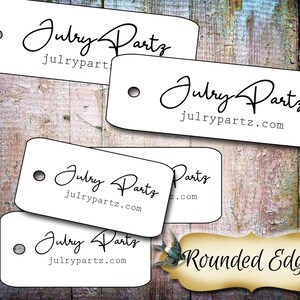 May include: Four white gift tags with rounded edges and a hole punched in the top left corner. Each tag features the text "Julry Parts" in a handwritten font with the website address "julrypartz.com" printed below. The bottom tag also includes the text "Rounded Edge" in a handwritten font.